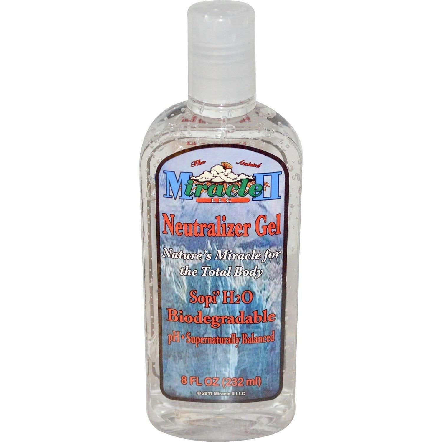 Miracle II Neutralizer Gel 8oz bottle for total body use promotes refreshed skin and pore cleansing.