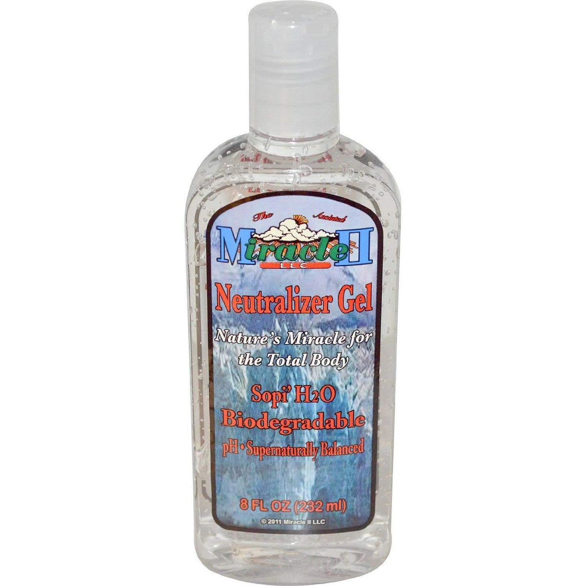 Miracle II Neutralizer Gel 8oz bottle for total body use promotes refreshed skin and pore cleansing.