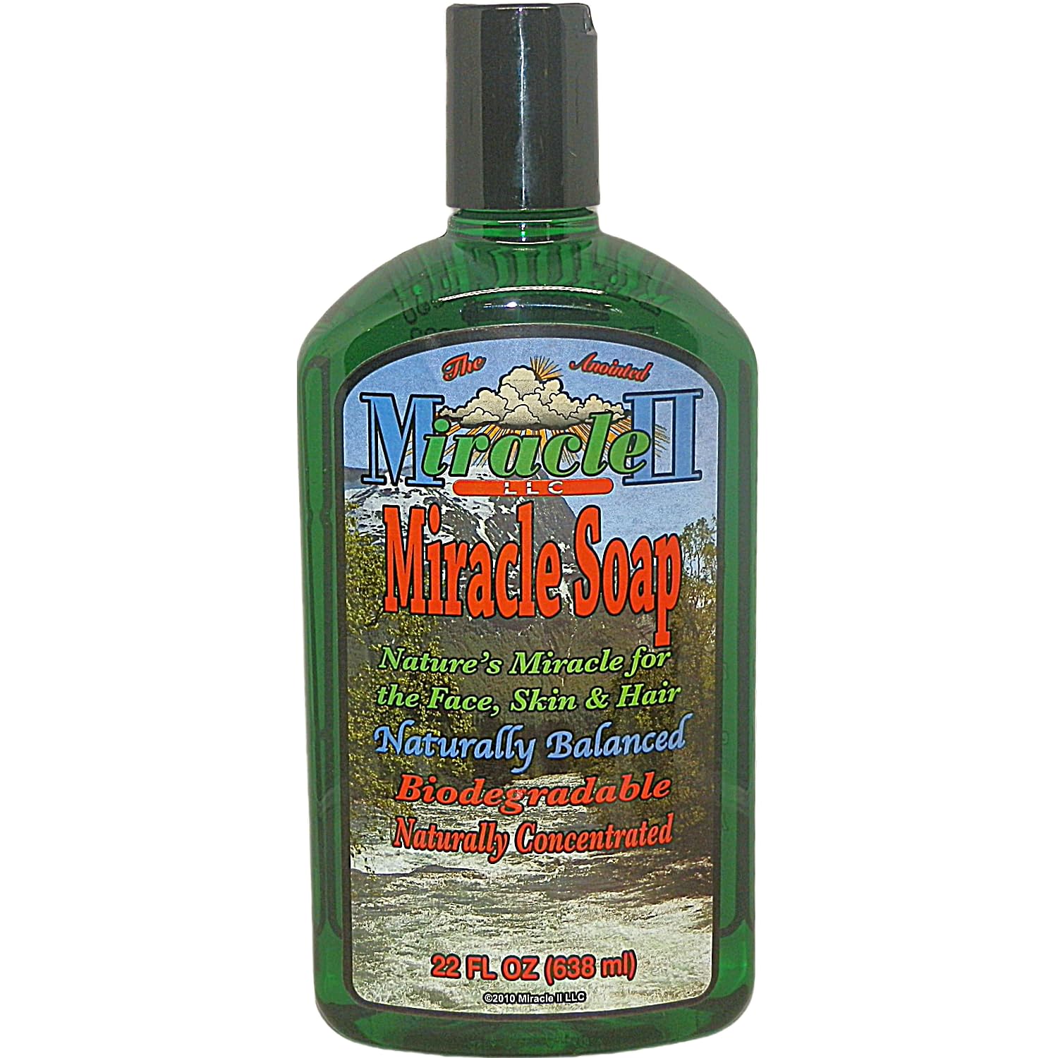 Miracle II Regular Soap 22oz bottle showing multipurpose cleaner for skin, hair, and surfaces.