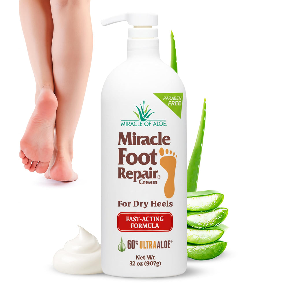 Miracle of Aloe foot repair cream 32oz jar delivers rich moisturization for dry, cracked heels.