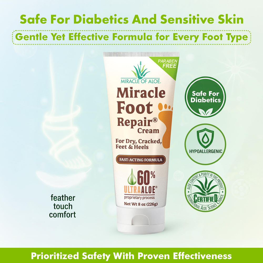 Miracle of Aloe foot repair cream on dry skin close-up showing moisture relief