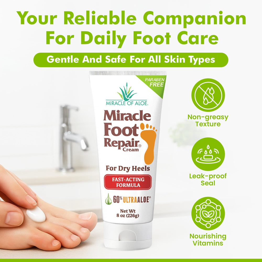 Miracle of Aloe foot repair cream texture close-up demonstrating smooth, creamy formula for daily foot care