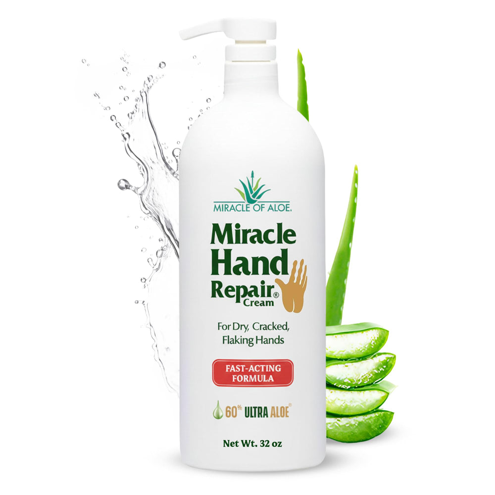 Miracle of Aloe hand repair cream bottle with 60% Aloe Vera for deep moisturization.