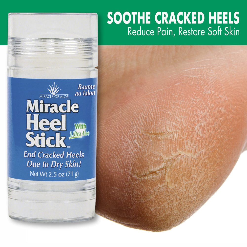 Miracle of Aloe Heel Stick close-up with nourishing shea and cocoa butters.