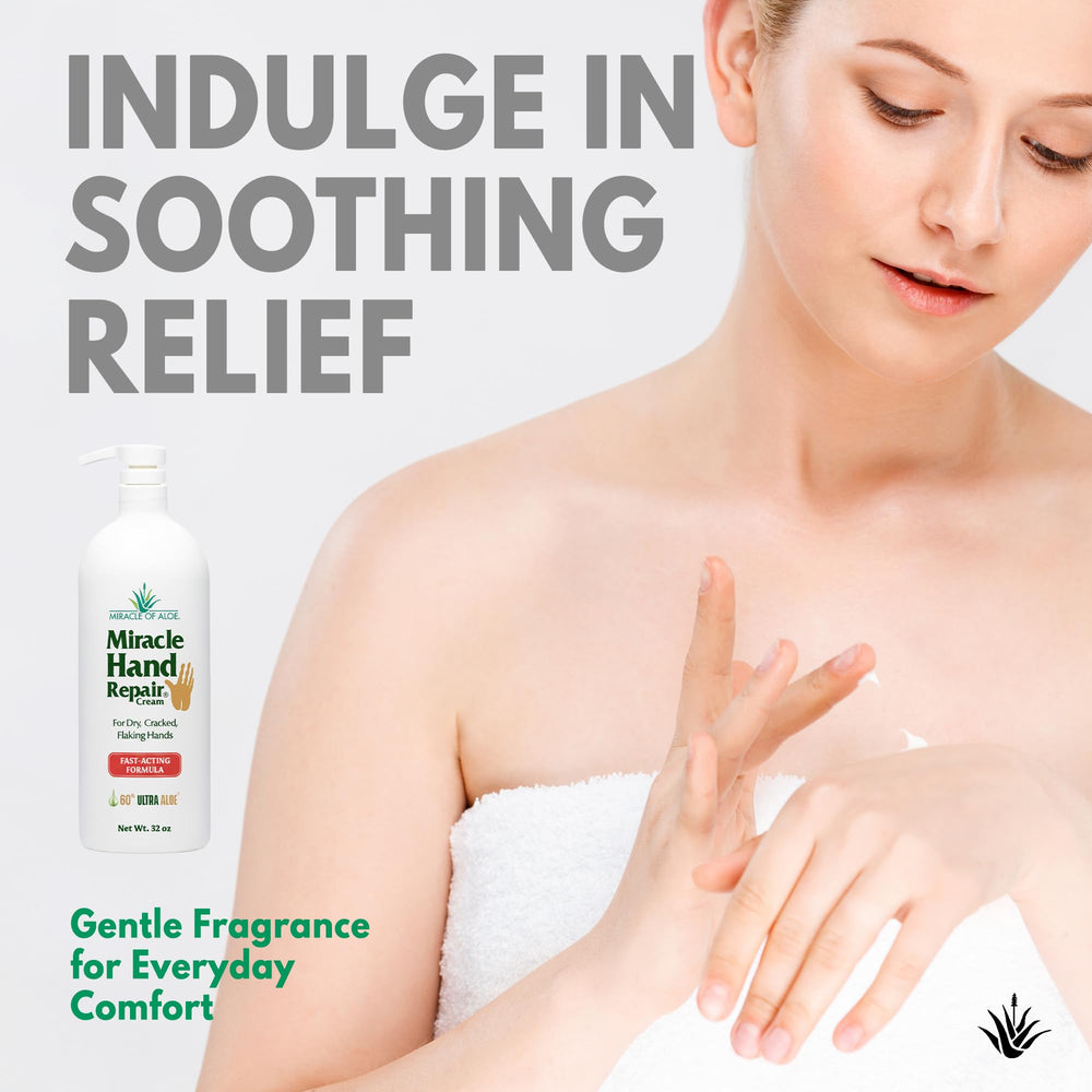 Miracle of Aloe hand-cream bottle closeup shows non-greasy finish.