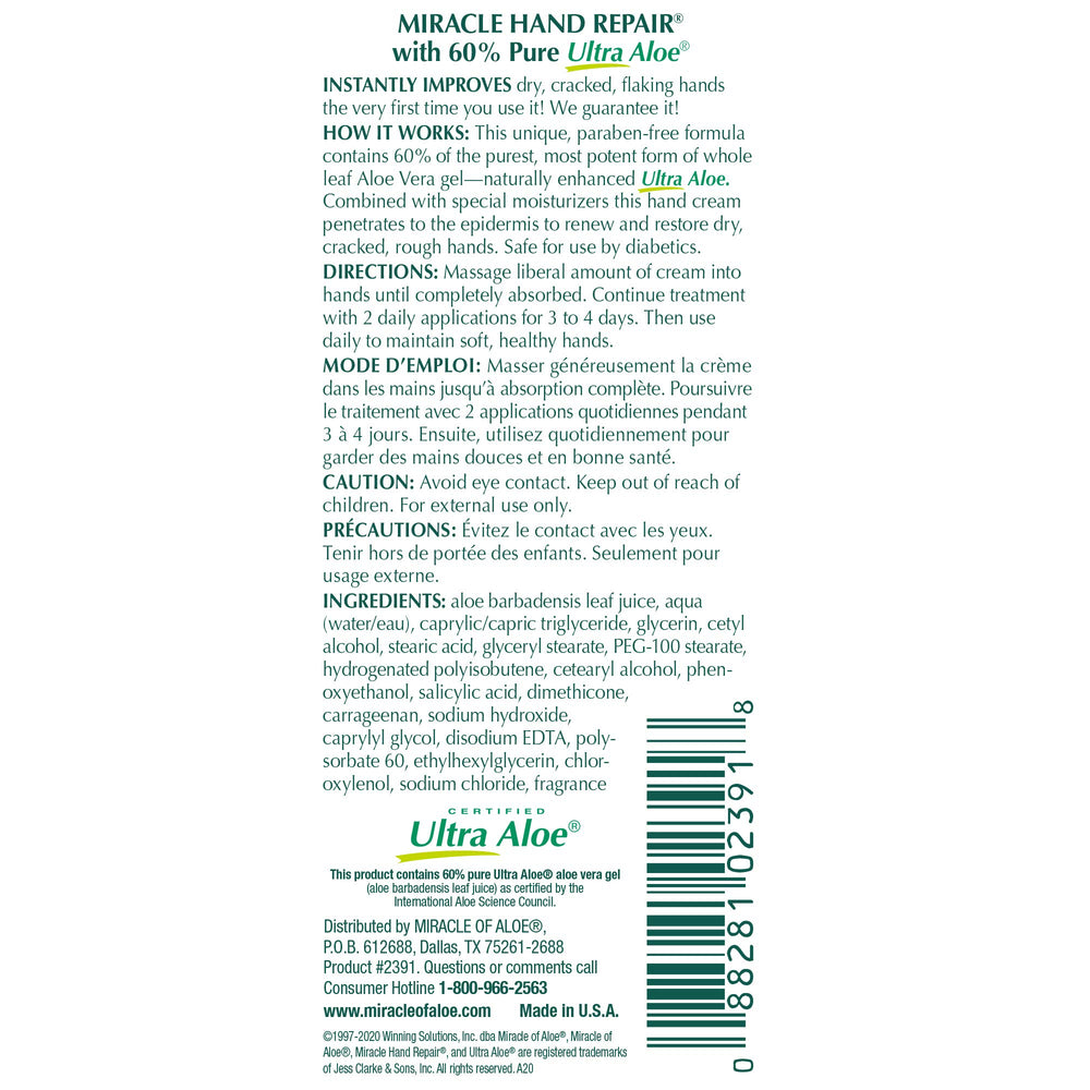 Miracle of Aloe packaging shows the 8oz foot cream and 1oz hand cream combo.