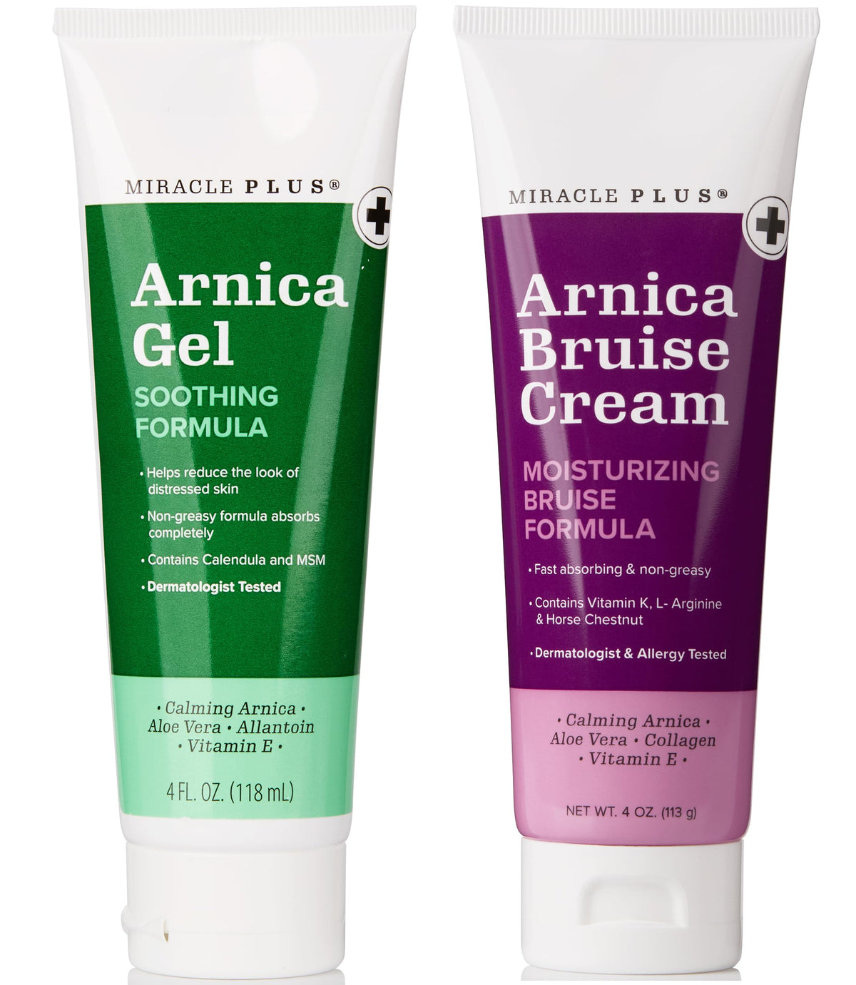 Miracle Plus Arnica Cream bruise-relief lotion bottle showing hydrating formula for distressed skin
