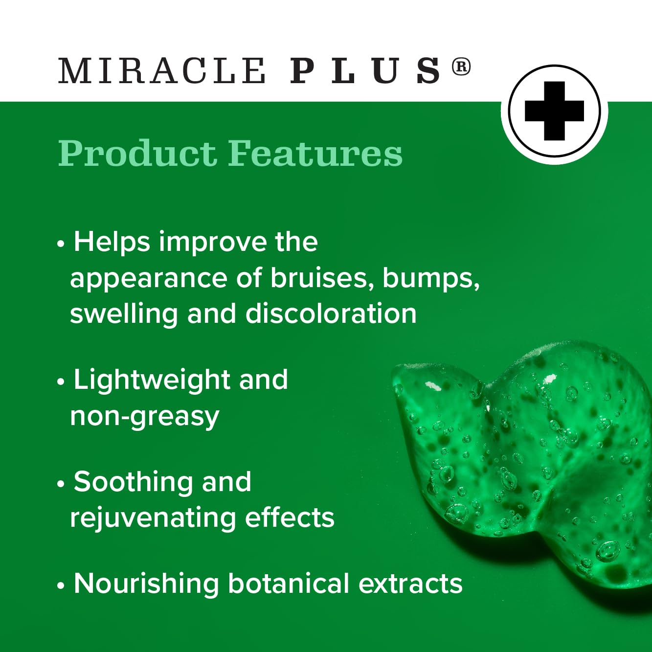 Miracle Plus Arnica Gel close-up texture showing light, non-greasy absorption.