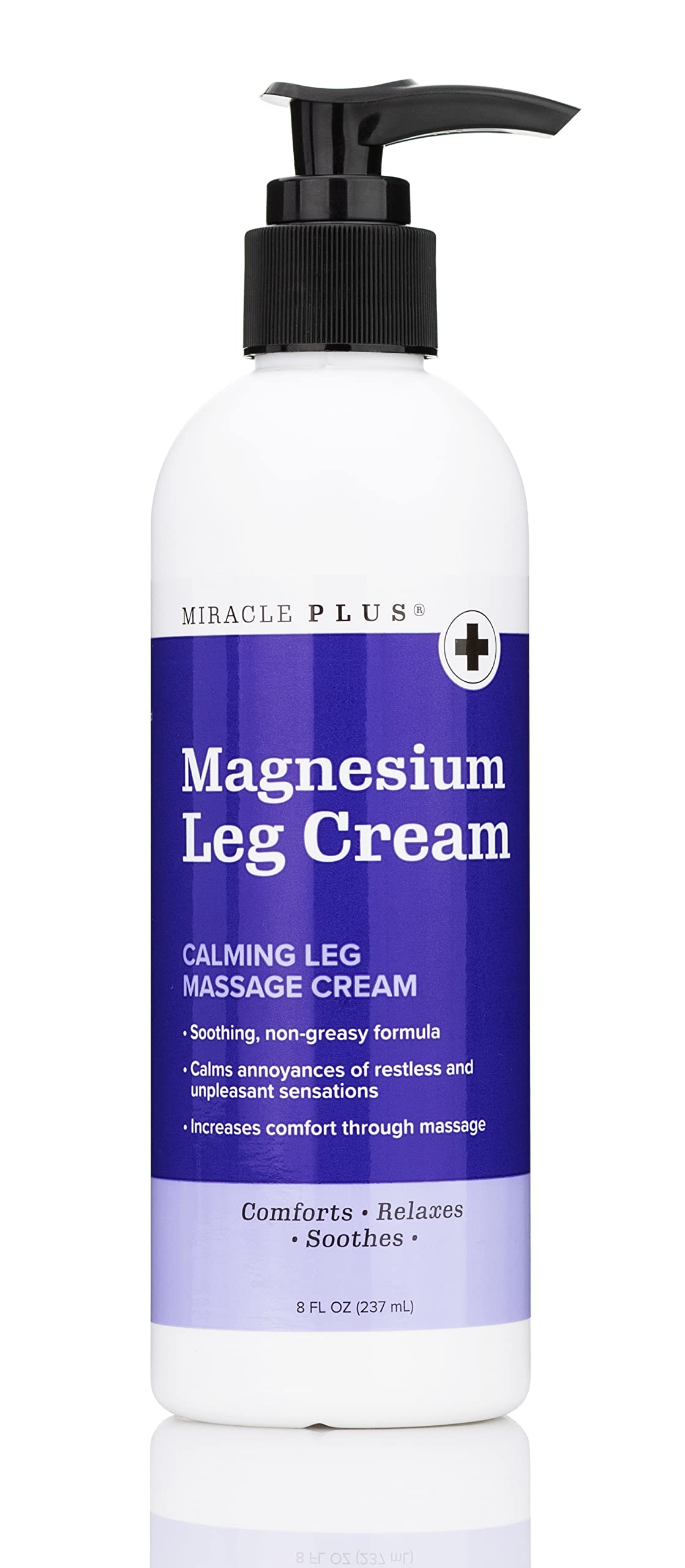 Miracle Plus Magnesium Cream bottle with pump for targeted leg relief and fast absorption.