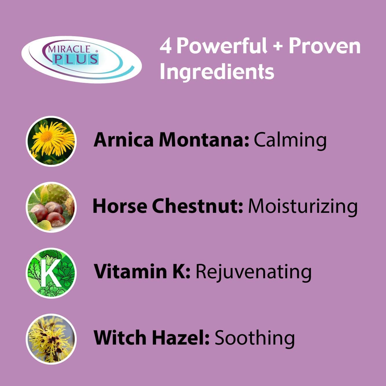Miracle Plus Vitamin K cream with Horse Chestnut highlighting skin strengthening benefits