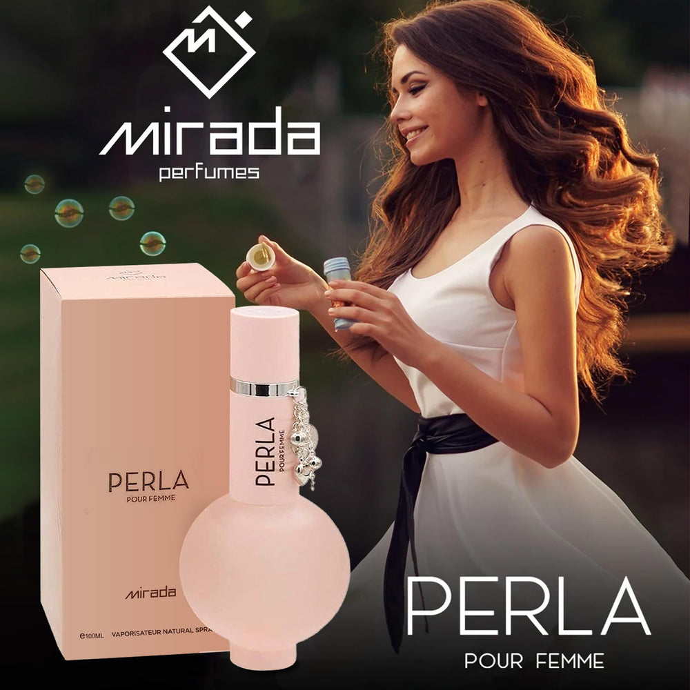 MIRADA Perla Pour Femme EDP bottle closeup highlighting glass and notes preview