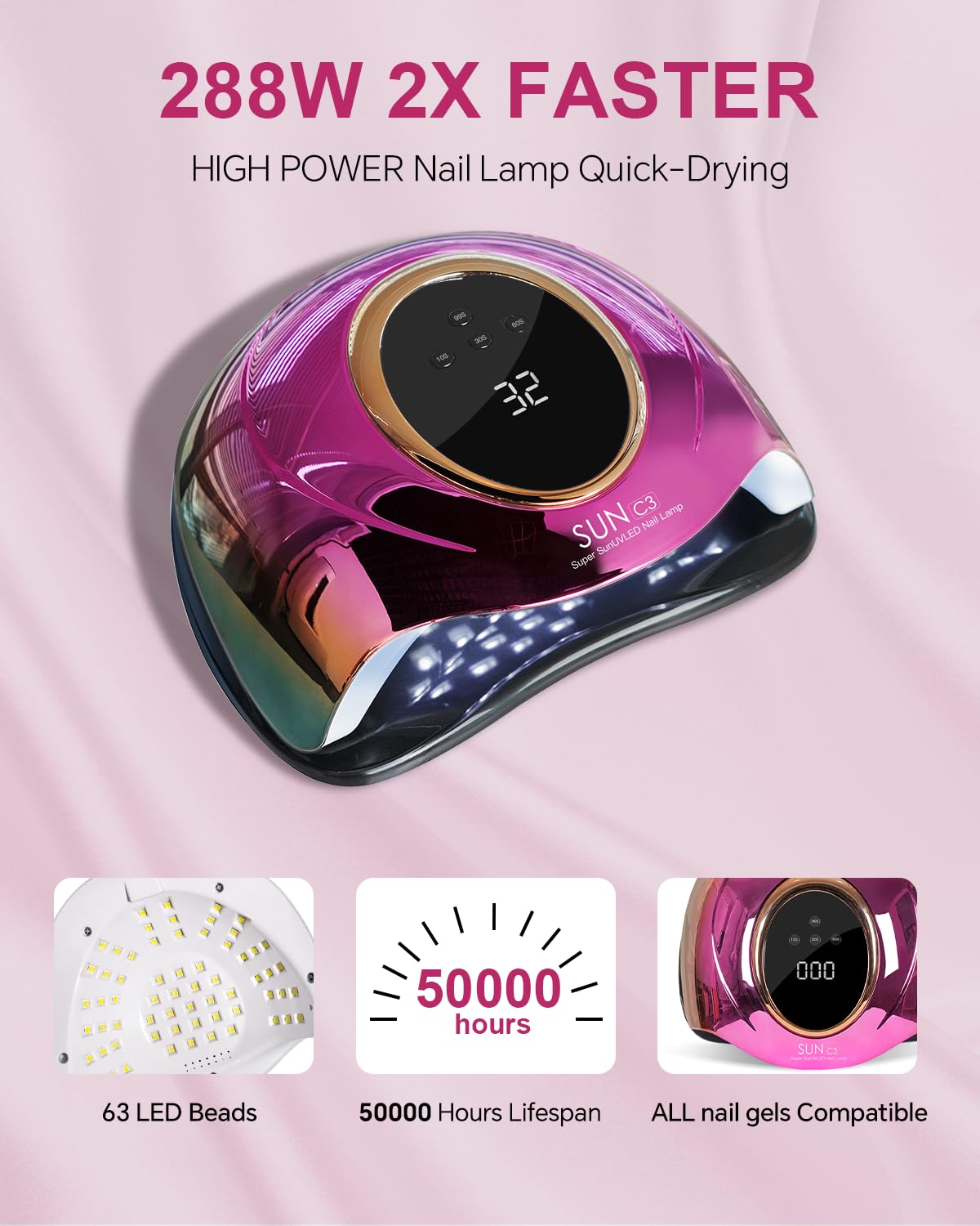 Mirage Layon with 63 LED beads on top and sides delivers even curing.