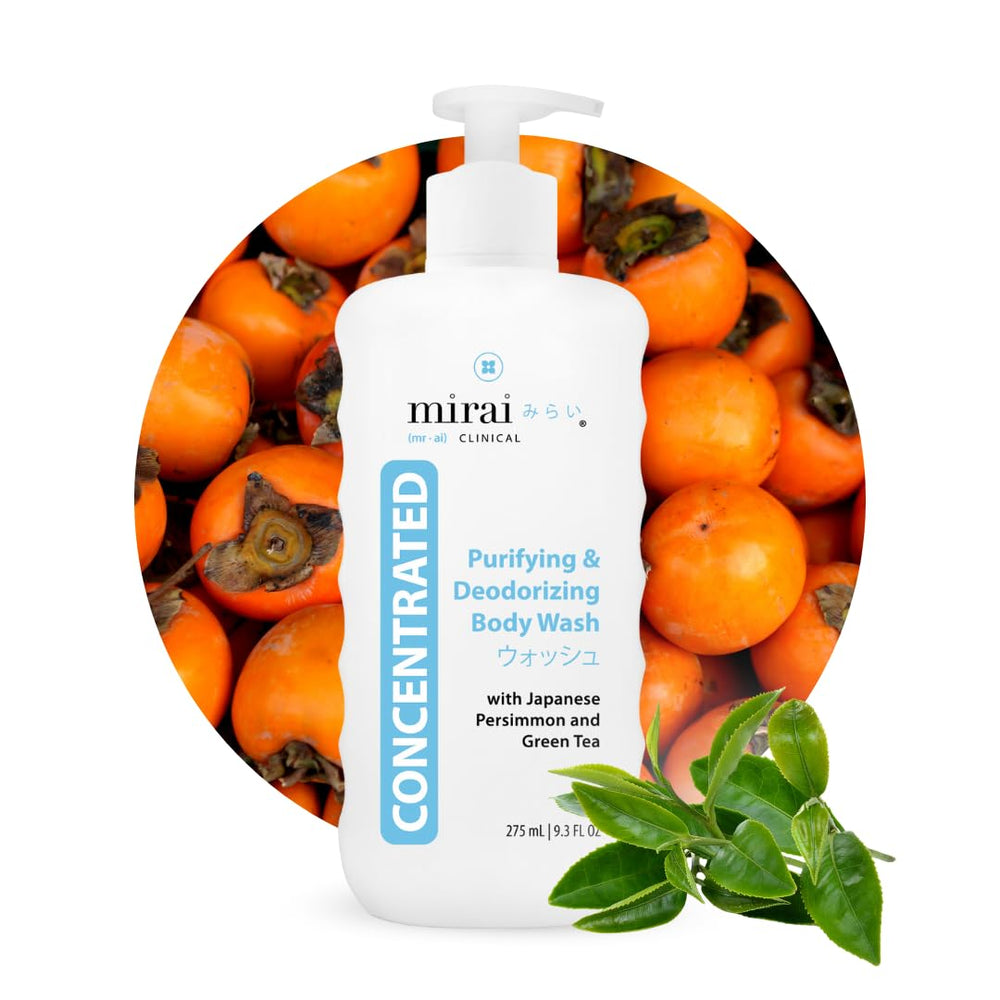 Mirai Clinical Body Wash bottle front showcasing brand and odor-control formula.