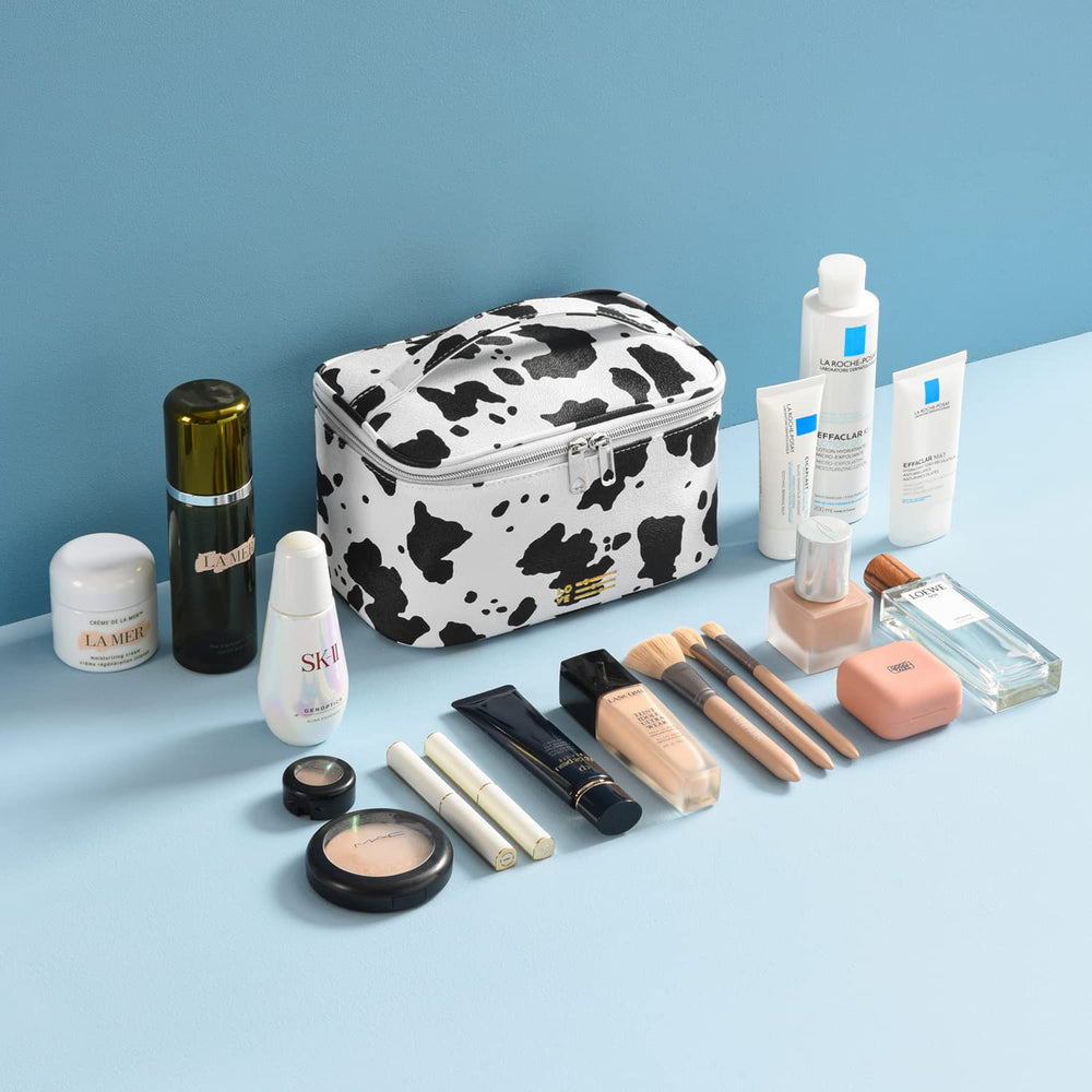 MIRASON cow print makeup bag medium open shows organized cosmetics on the go