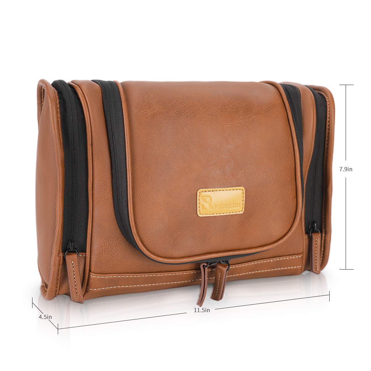 MIRASON leather toiletry bag open compartments showing organized interior.