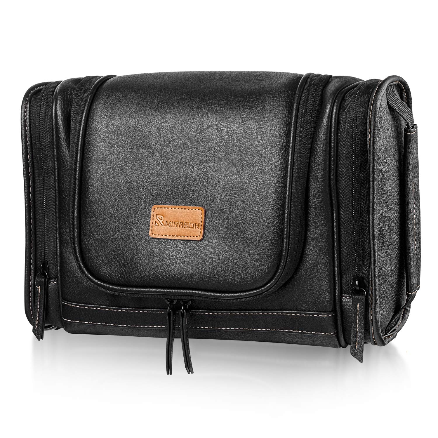 MIRASON travel toiletry bag front view in black with organized compartments.