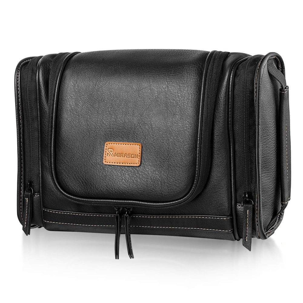 MIRASON travel toiletry bag front view in black with organized compartments.