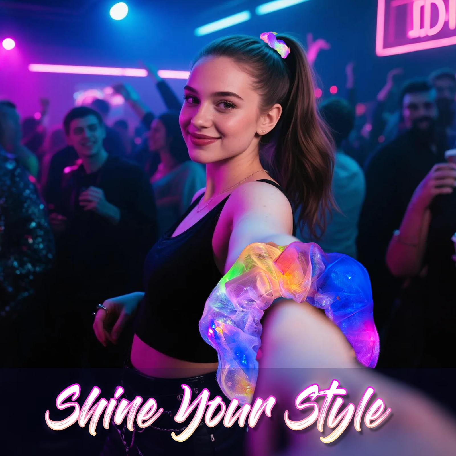 Mirawish glow scrunchies steady mode for a constant glow at events.