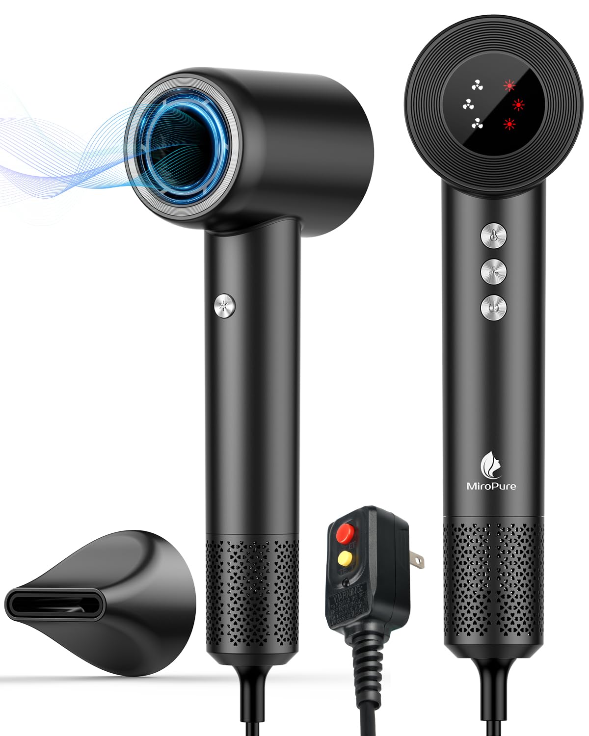 MiroPure hair dryer front view emphasizes the brushless motor for fast drying.