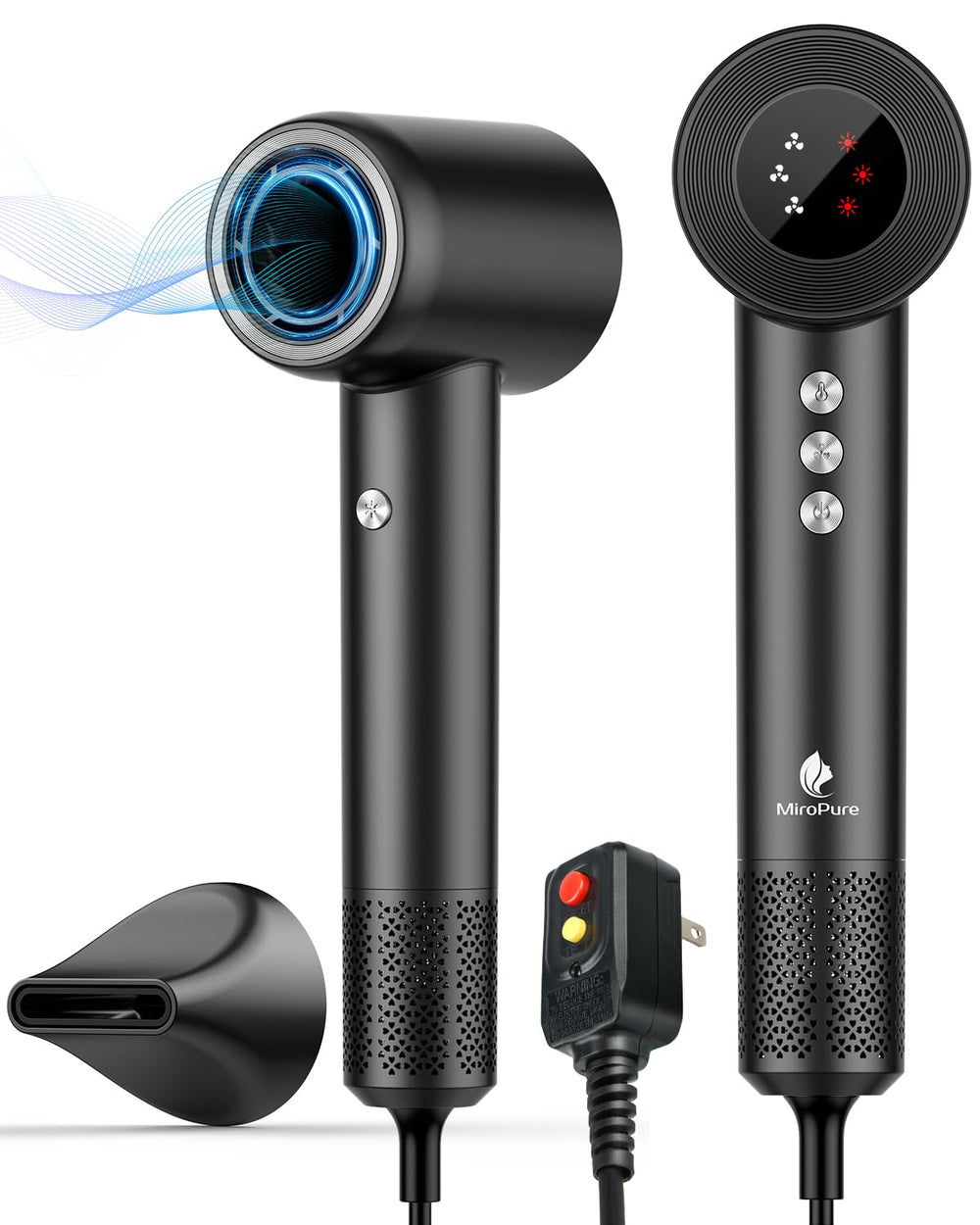 MiroPure hair dryer front view emphasizes the brushless motor for fast drying.