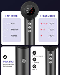 MiroPure hair dryer LED display demonstrates temperature and speed at a glance.