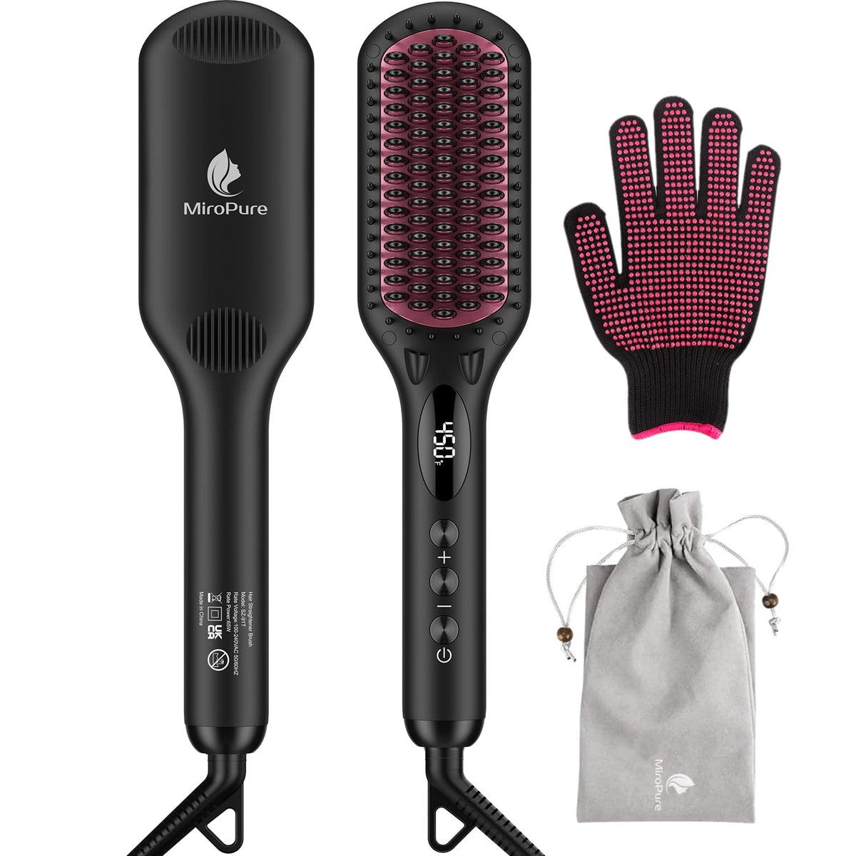 MiroPure enhanced ceramic hair straightener brush in black for quick, salon-smooth results.