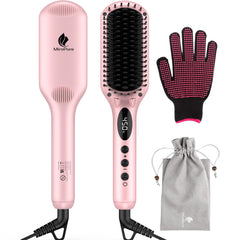 MiroPure enhanced hair straightener brush in pink for silky, frizz-free home styling.