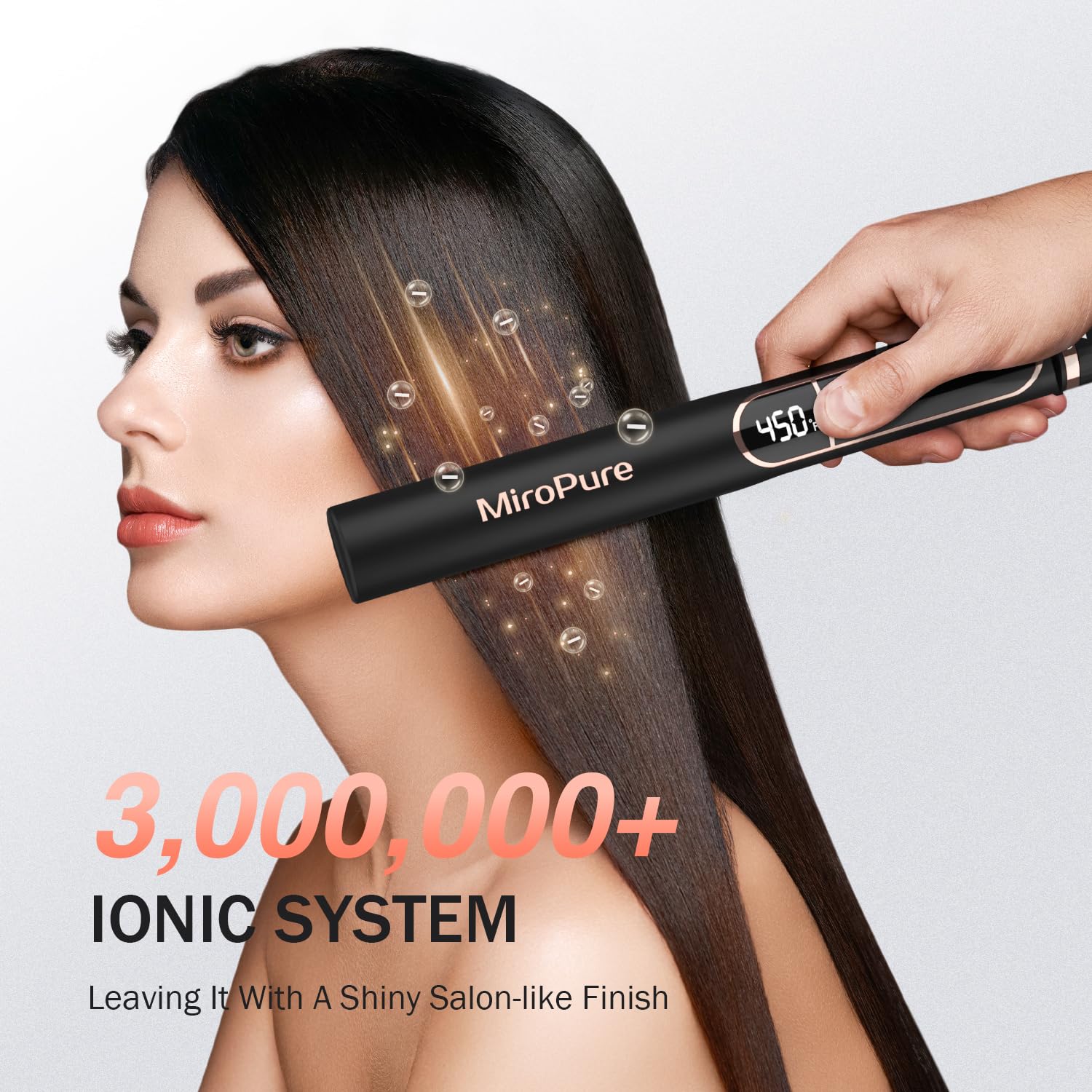 MiroPure flat iron LED display shows real-time temperature for precise control.