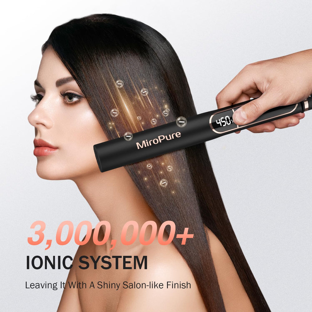 MiroPure flat iron LED display shows real-time temperature for precise control.
