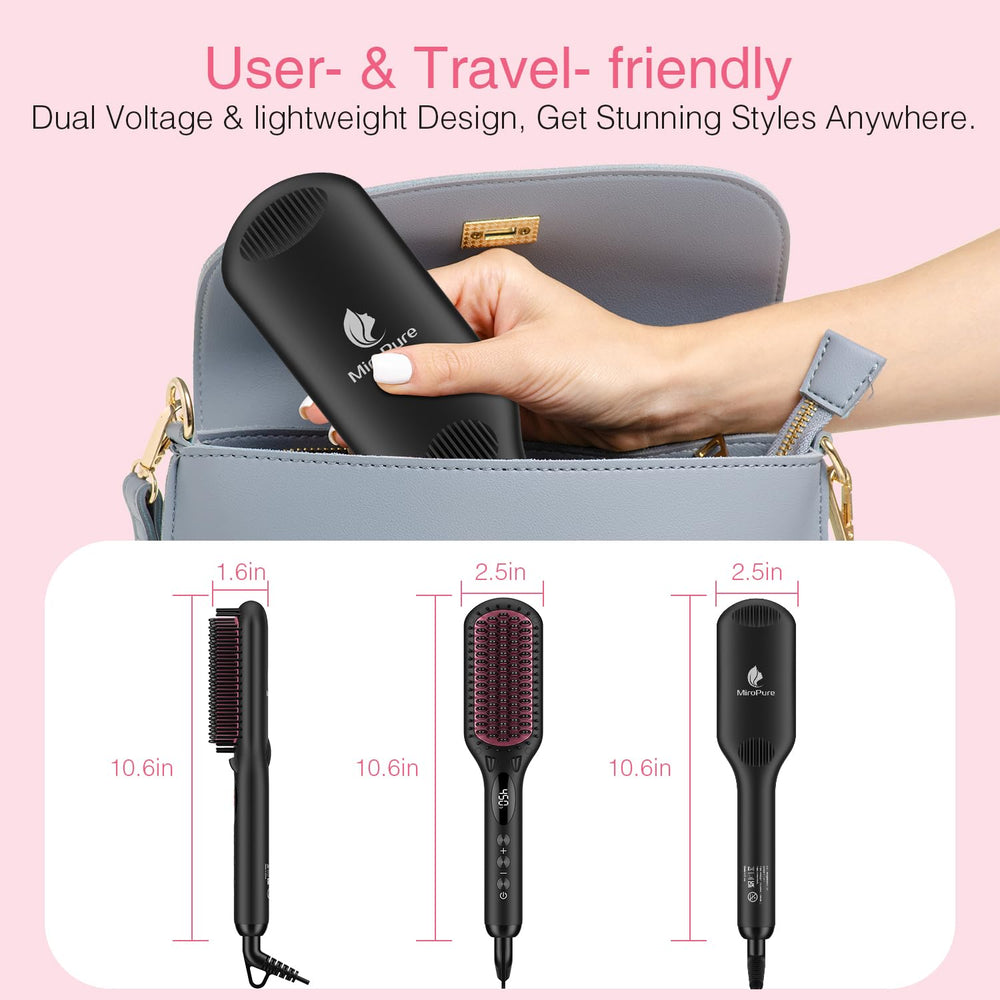 MiroPure straightening brush gliding through hair for fast, controlled styling.