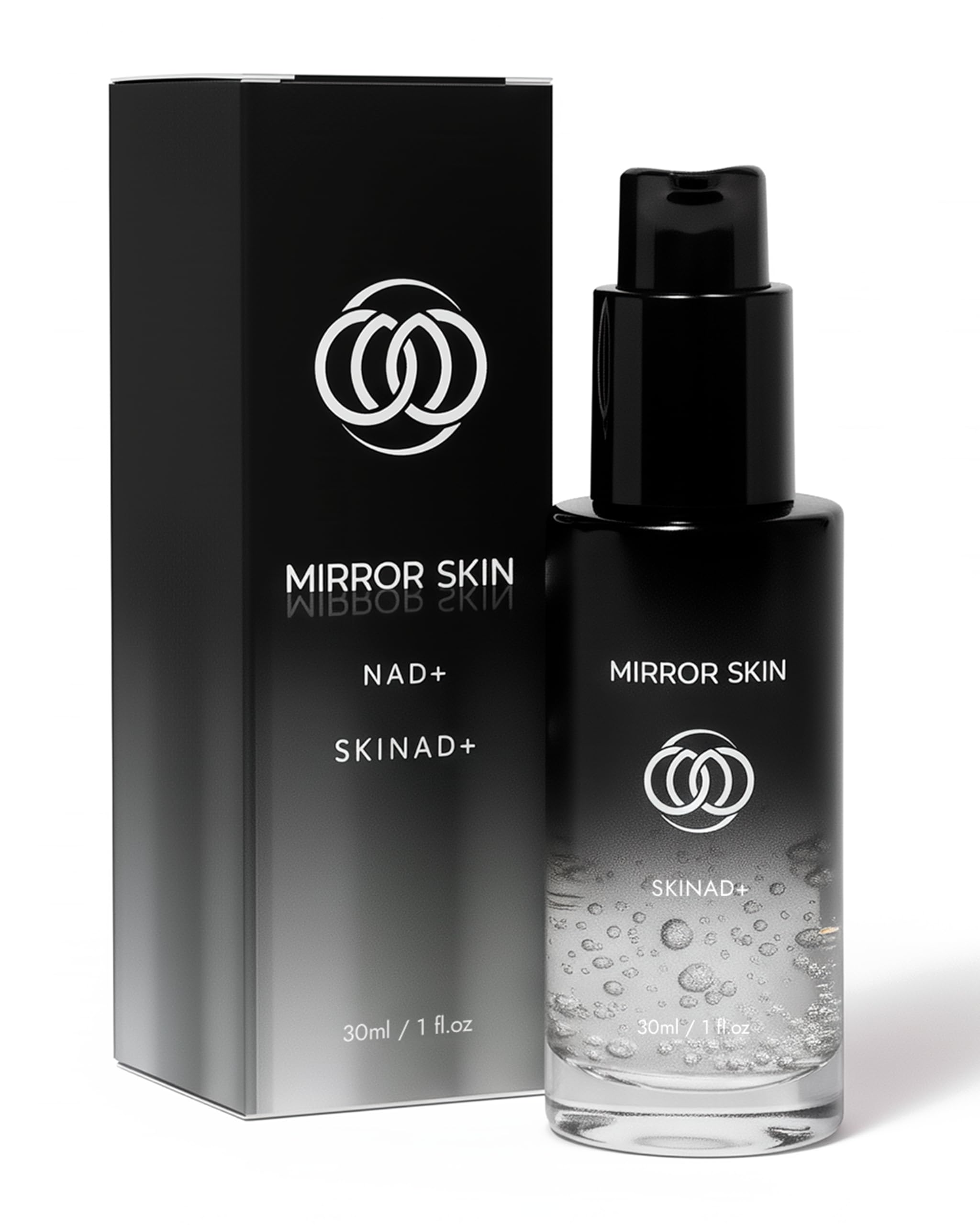 Mirror Skin SKINAD+ bottle closeup highlights stabilized NAD+ for energized-looking skin.