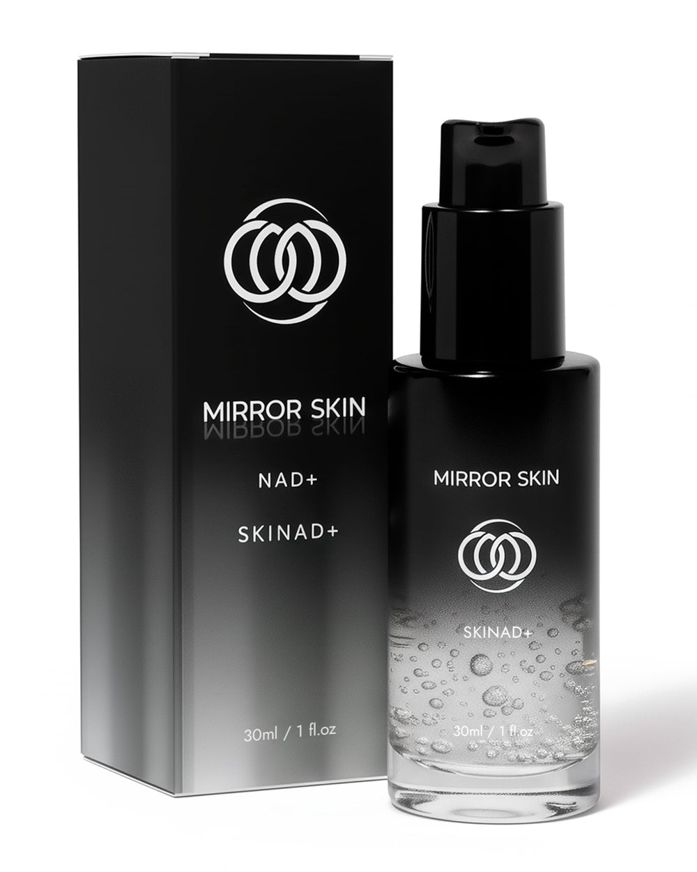 Mirror Skin SKINAD+ bottle closeup highlights stabilized NAD+ for energized-looking skin.