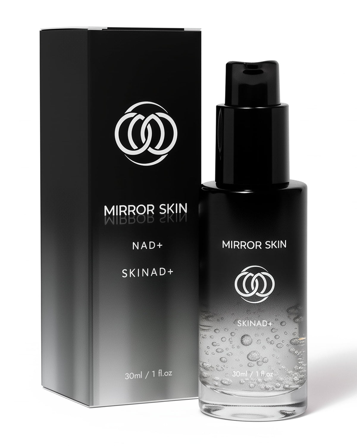 Mirror Skin SKINAD+ bottle closeup highlights stabilized NAD+ for energized-looking skin.