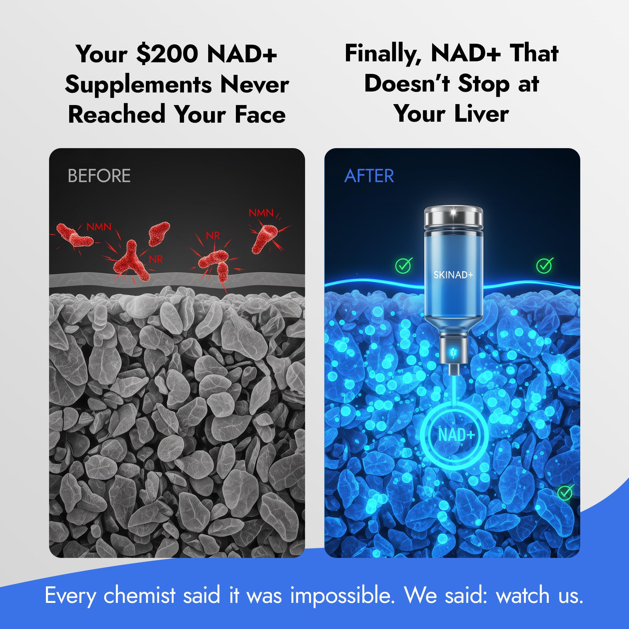 Mirror Skin SKINAD+ label detail emphasizes 10-in-1 cellular system and stabilized NAD+.