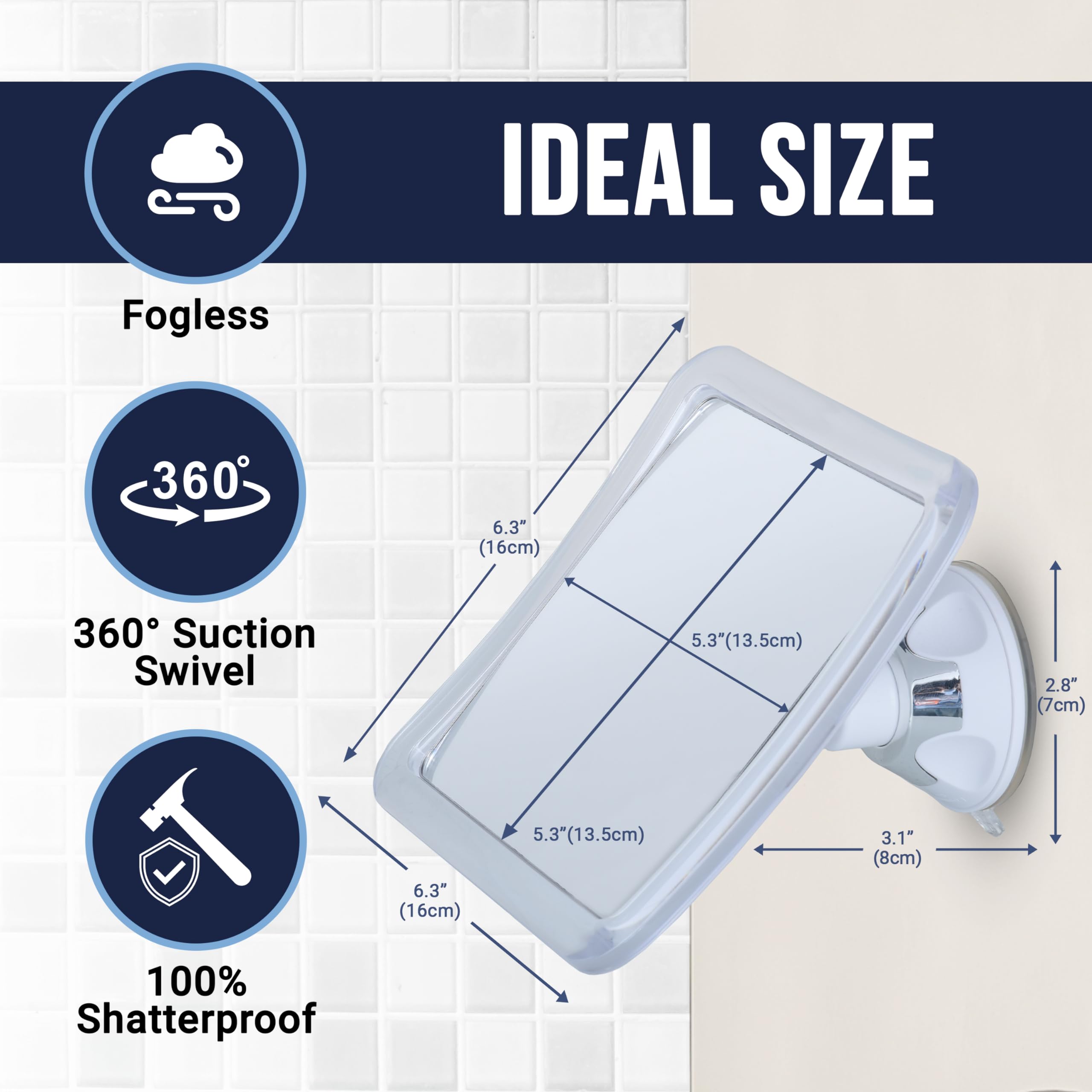 MIRRORVANA anti-fog coating closeup delivering crystal-clear reflection during steamy showers.