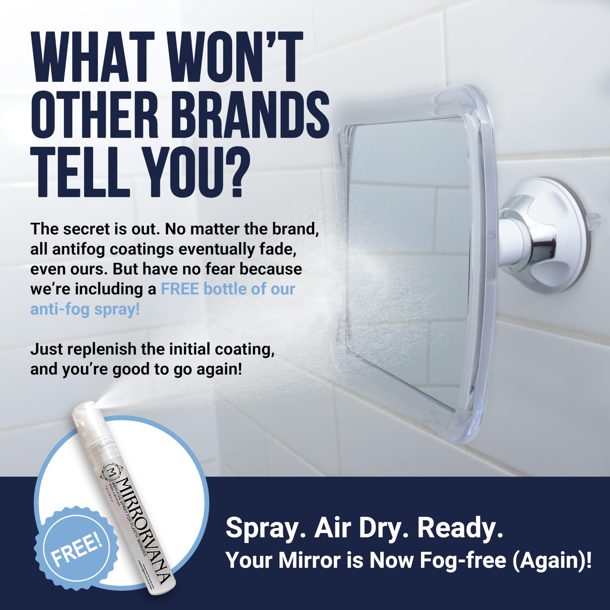 MIRRORVANA shatterproof shower mirror secured in place during shower use.
