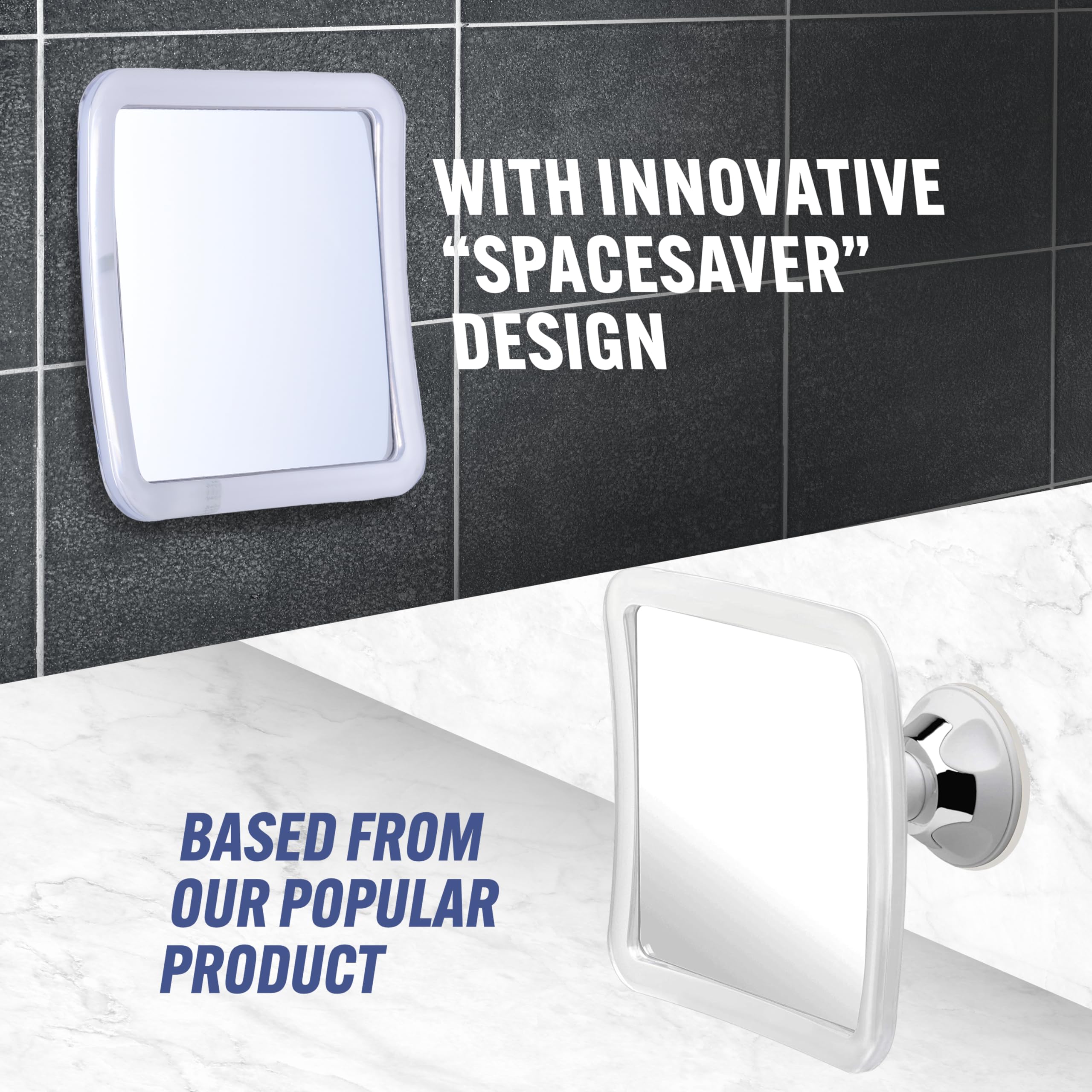 MIRRORVANA slim-profile mirror mounted on tile emphasizing compact bathroom appeal.