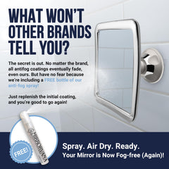 Mirrorvana upgraded suction cup grips glass, tile, and smooth countertops securely for shower-ready use.