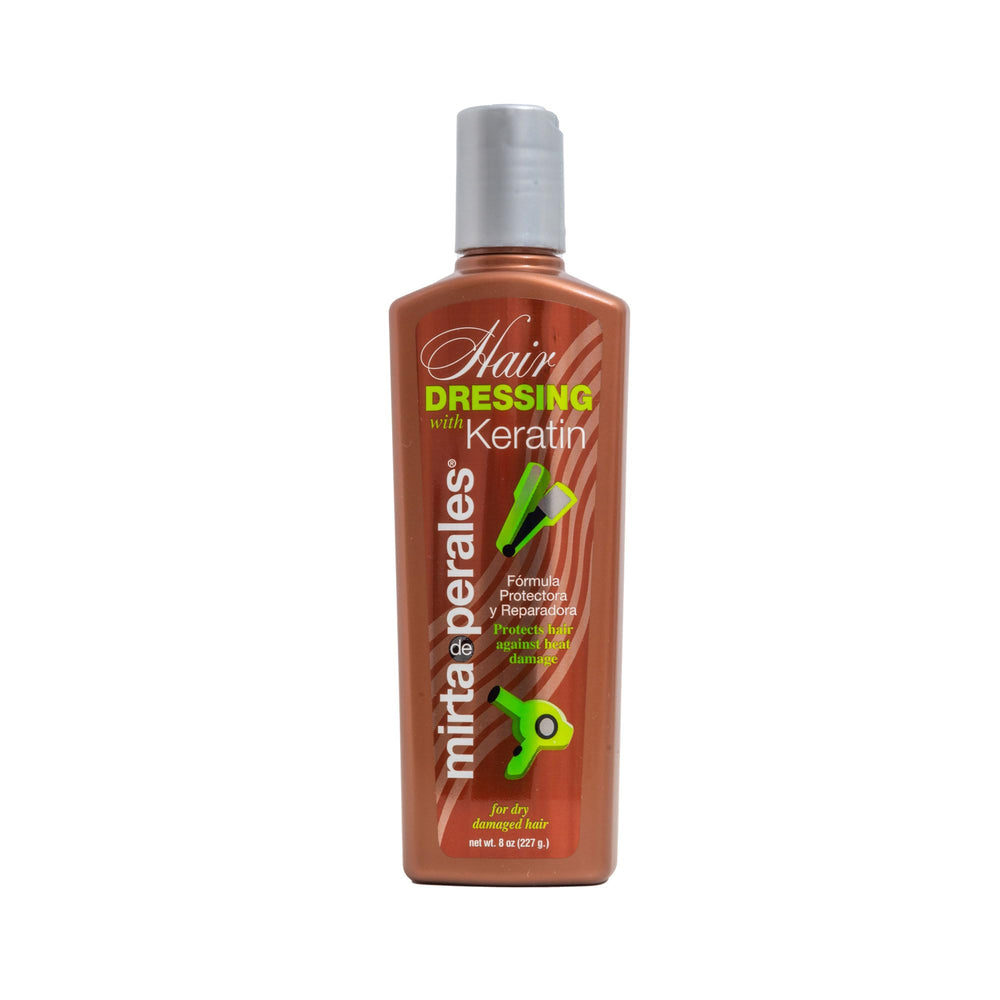 Mirta De Perales Keratin Leave-In Cream bottle shows heat protection for daily styling.