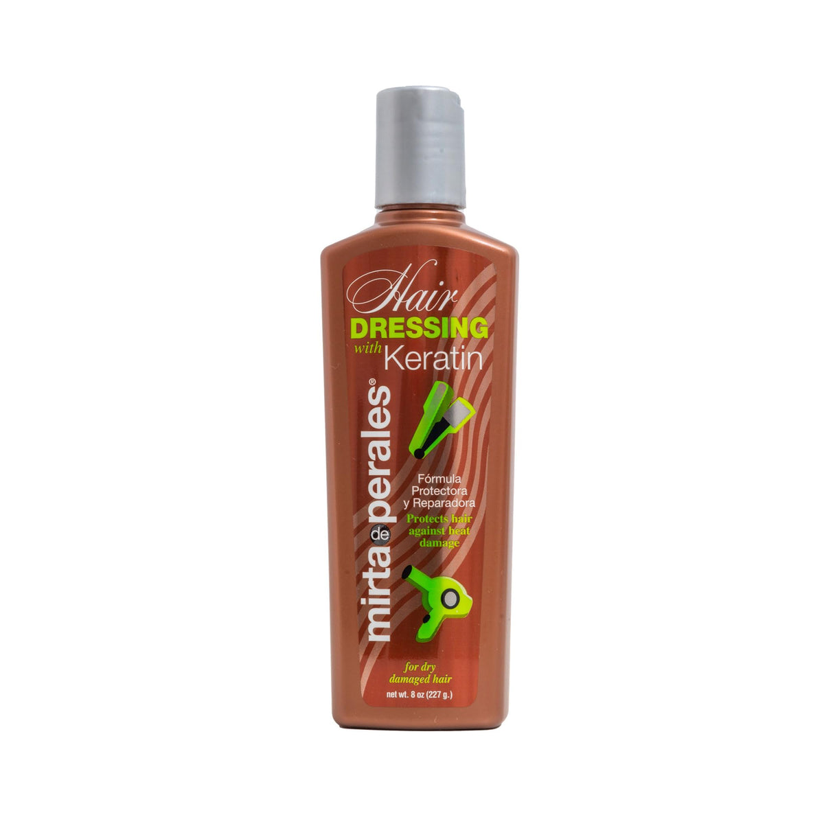 Mirta De Perales Keratin Leave-In Cream bottle shows heat protection for daily styling.