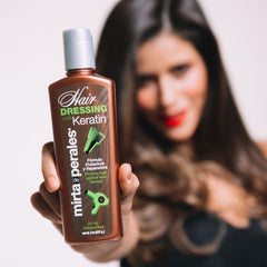 Mirta De Perales Keratin Leave-In Cream closeup label emphasizes safe formula for color-treated hair.