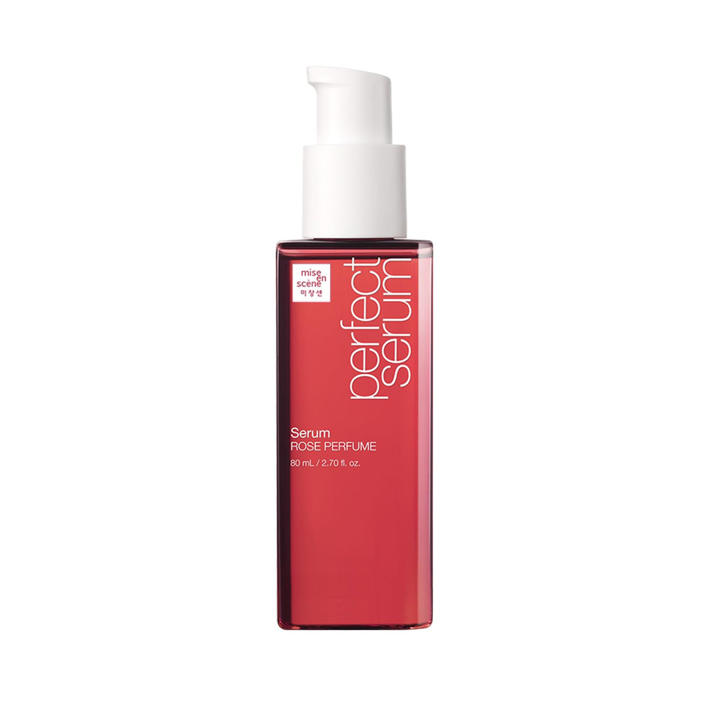 Mise En Scene Perfect Rose Serum bottle highlights fragrance and hair nourishment.