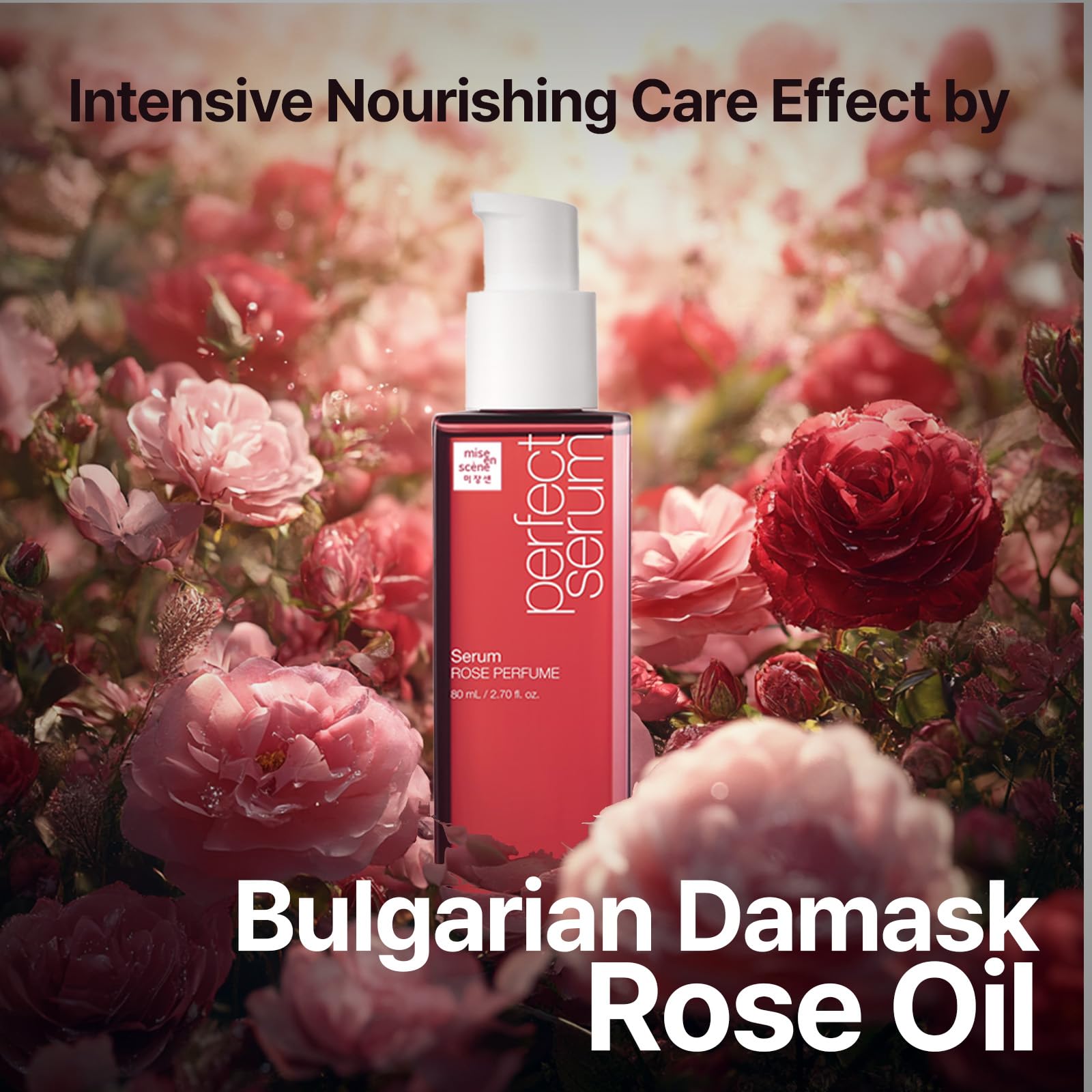 Mise En Scene Perfect Rose Serum heat-styling shield during blow-drying and curling.