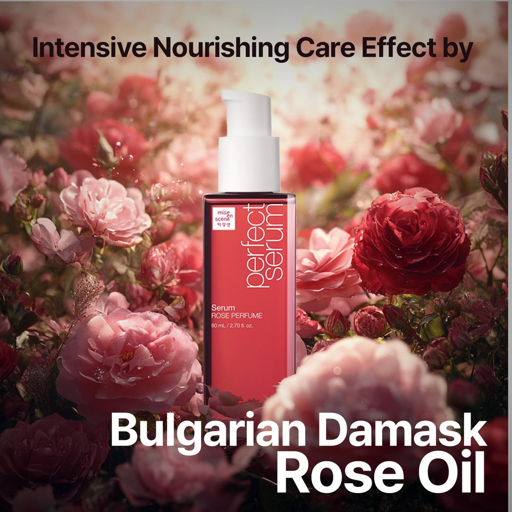 Mise En Scene Perfect Rose Serum heat-styling shield during blow-drying and curling.