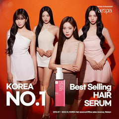 Mise En Scene Perfect Serum application on hands shows heat-styling protection