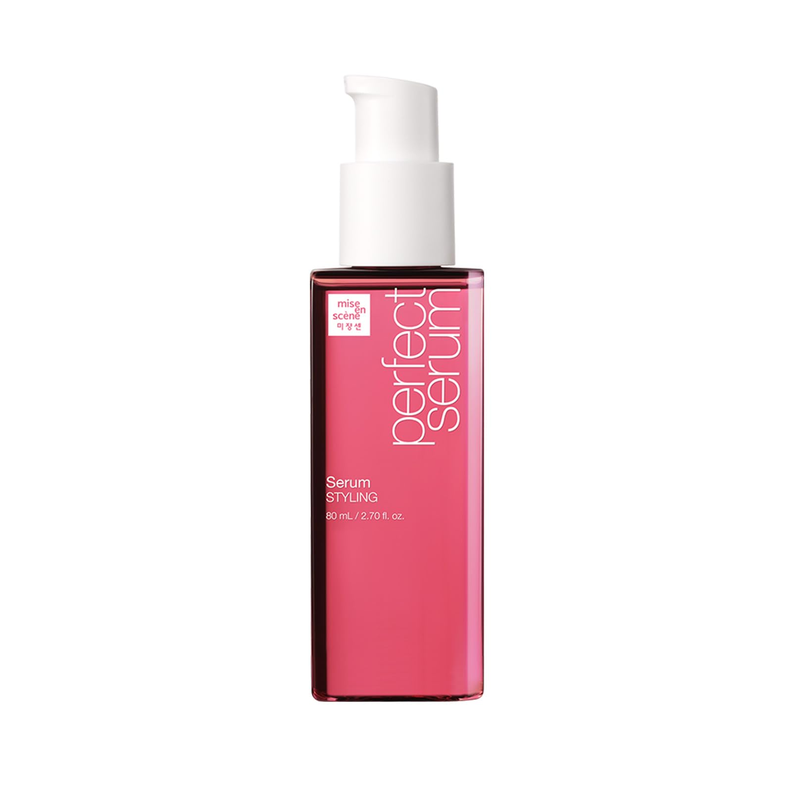 Mise En Scene Perfect Serum bottle front highlights a lightweight formula for lasting bounce and shine