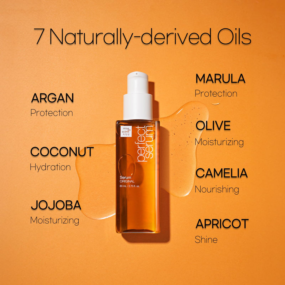 Mise En Scene Perfect Serum Original routine diagram suggests pairing with shampoo and conditioner.