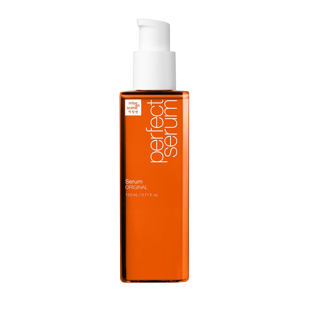 Mise En Scene Perfect Serum Original bottle shows heat protection for frizz control.