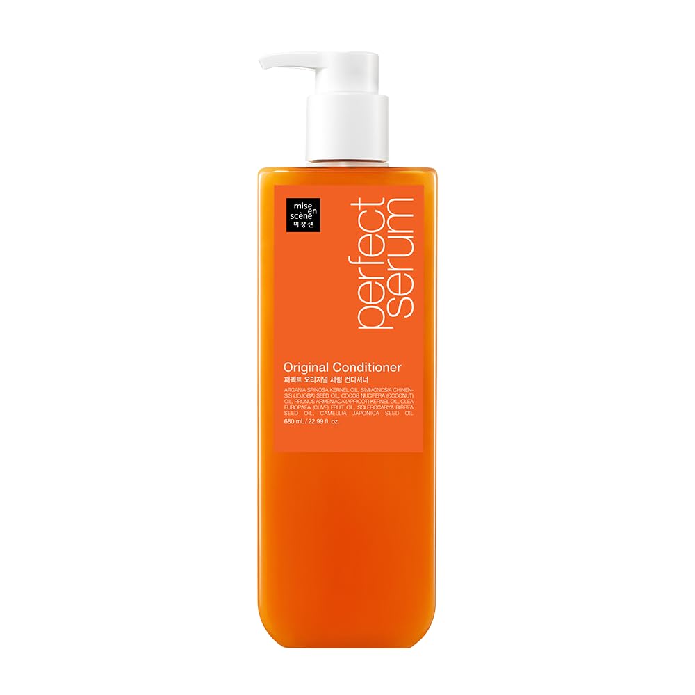 Mise En Scene Perfect Serum Original Conditioner bottle demonstrates nourishing protection for damaged hair.