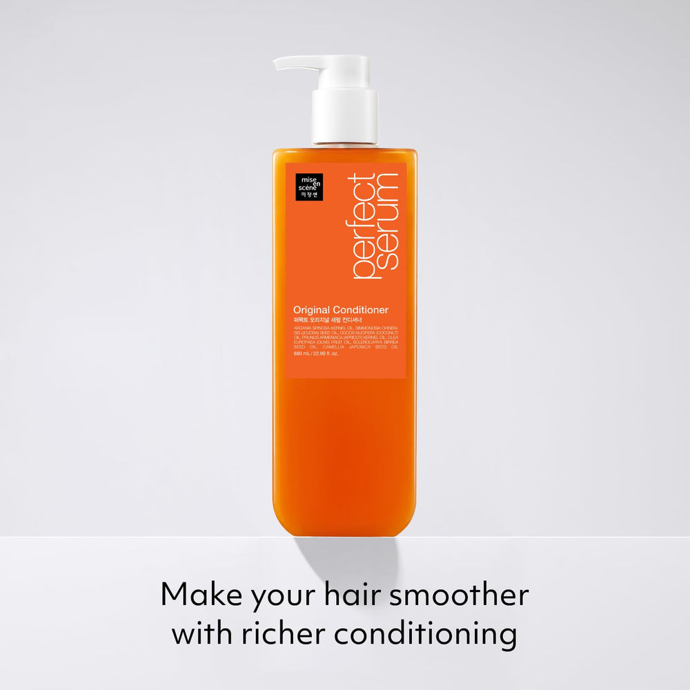 Mise En Scene Perfect Serum Original Conditioner shows nourished hair with enhanced softness and shine.